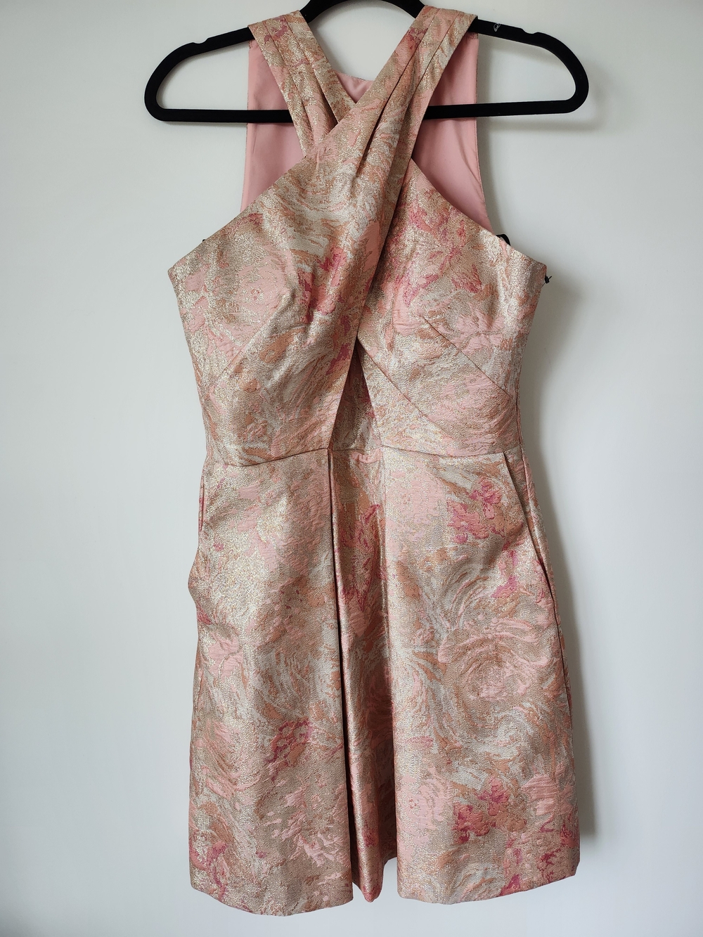 Vince Camuto Pink Metallic Brocade Crisscross Mini Dress - Picture 2 of 16